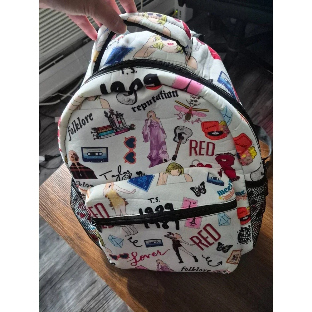 Taylor Swift Eras Tour Collage Backpack White Red 1989 Lover Swiftie School Bag
